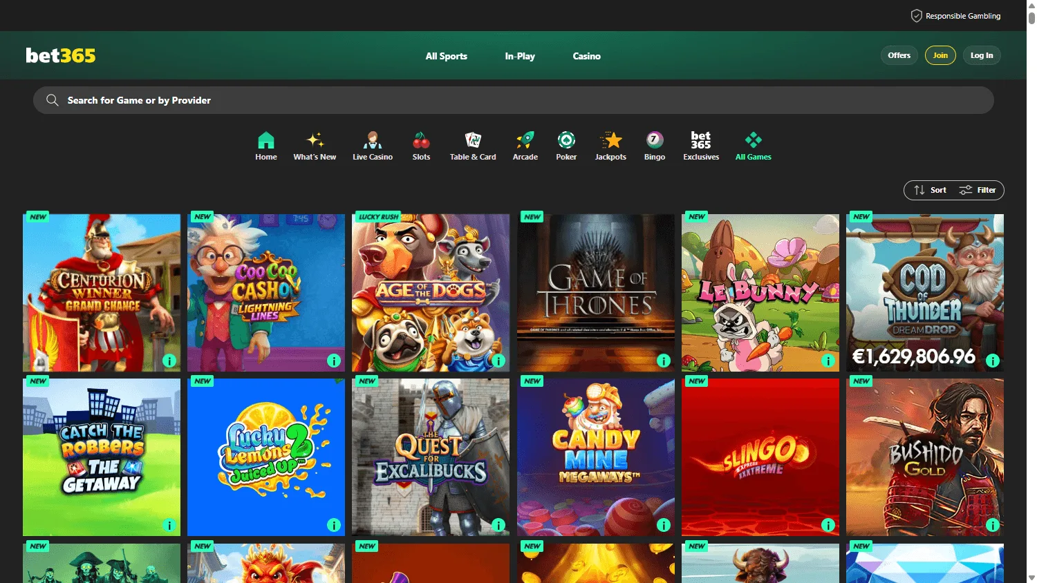 Bet365 Casino desktop games area with slots and casino categories