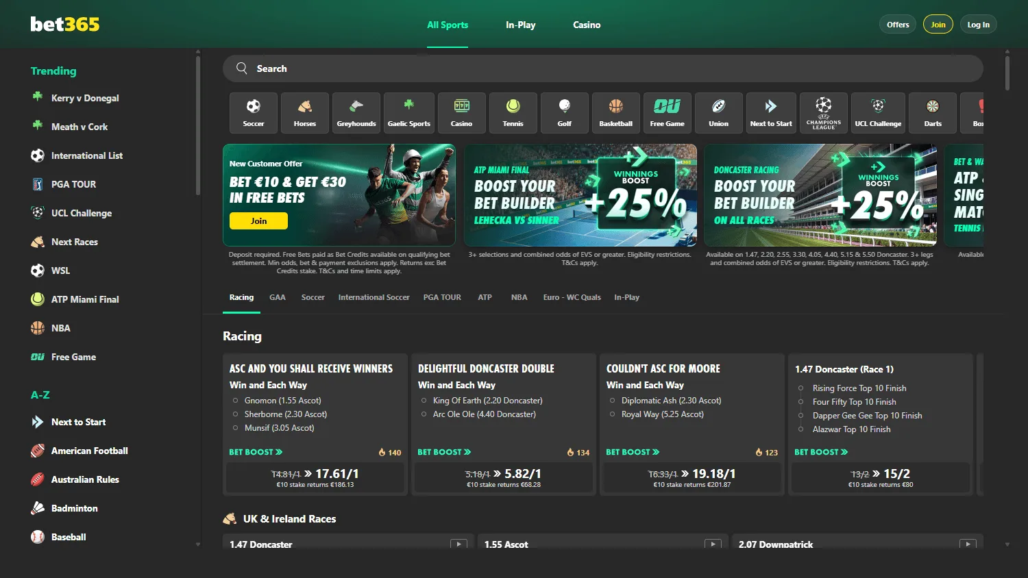 Bet365 Casino desktop home with casino and sports account access