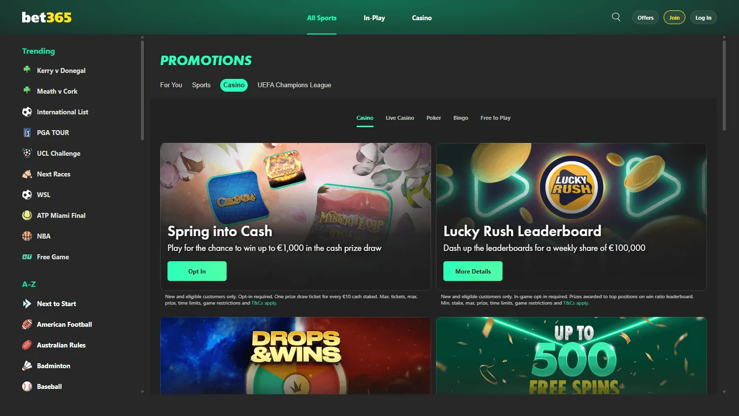 Bet365 Casino desktop promotions area with spin and jackpot offers