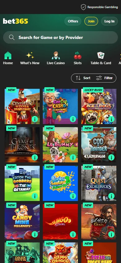 Bet365 Casino mobile games area with casino titles and game categories