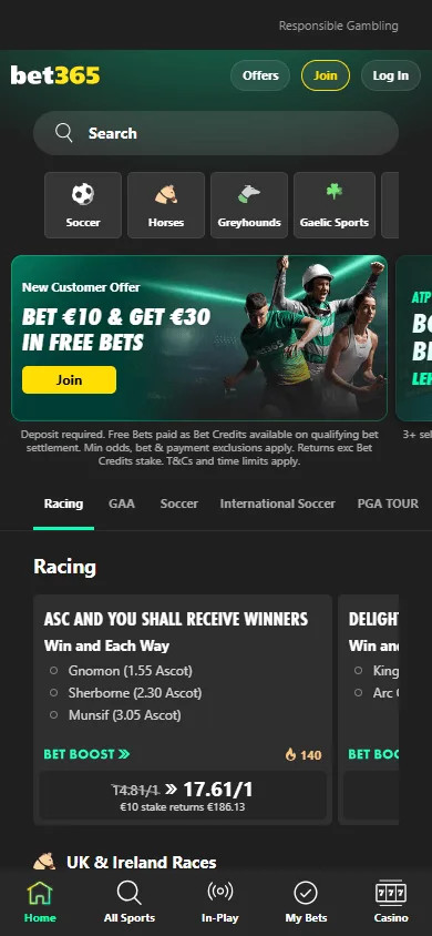 Bet365 Casino mobile home with touch-friendly casino and sports navigation