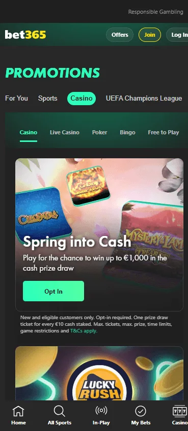 Bet365 Casino mobile promotions area with casino reward offers